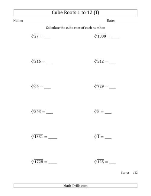 The Cube Roots 1 to 12 (I) Math Worksheet