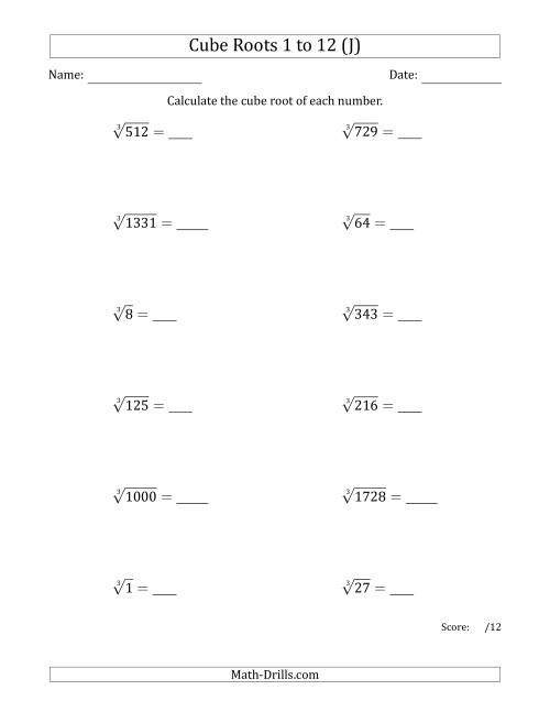 The Cube Roots 1 to 12 (J) Math Worksheet