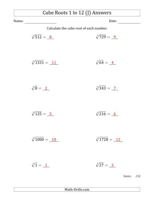 The Cube Roots 1 to 12 (J) Math Worksheet Page 2
