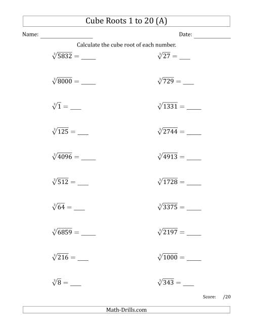 The Cube Roots 1 to 20 (A) Math Worksheet