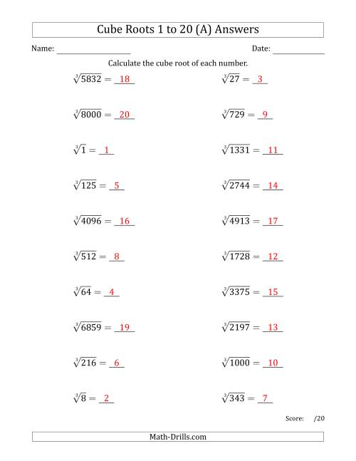 The Cube Roots 1 to 20 (A) Math Worksheet Page 2