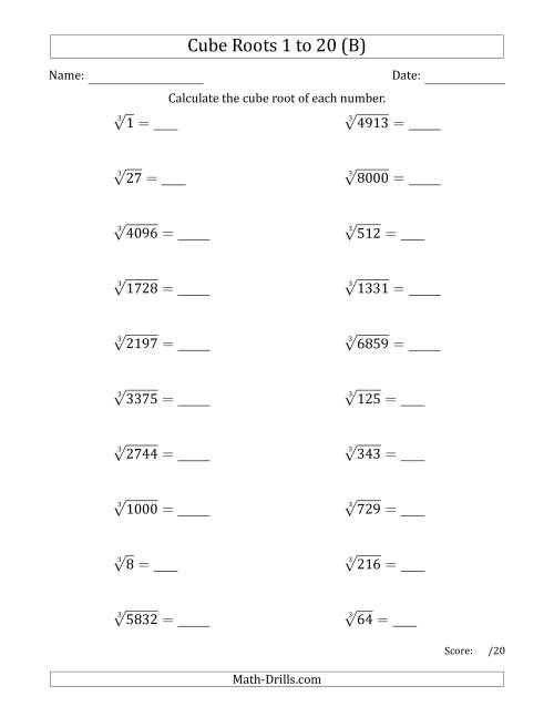 The Cube Roots 1 to 20 (B) Math Worksheet