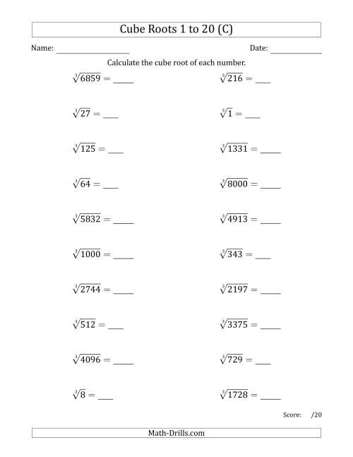 The Cube Roots 1 to 20 (C) Math Worksheet