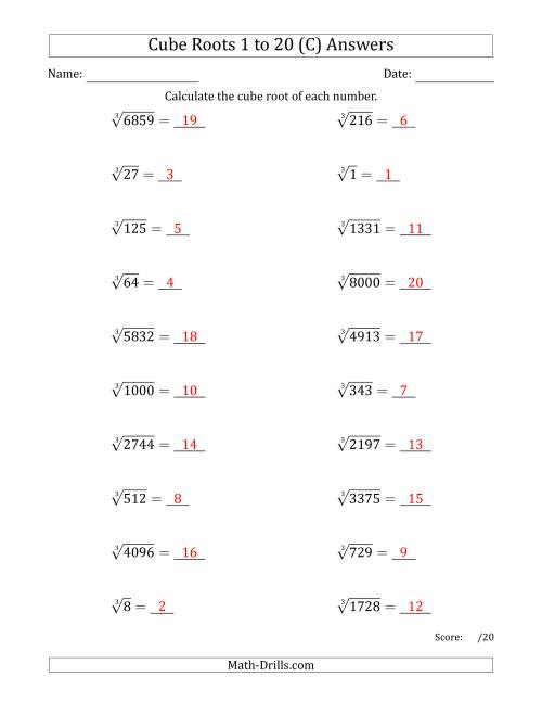 The Cube Roots 1 to 20 (C) Math Worksheet Page 2