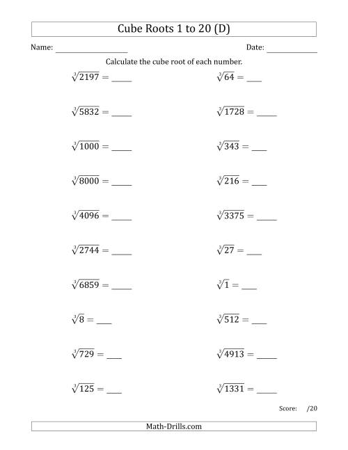 The Cube Roots 1 to 20 (D) Math Worksheet
