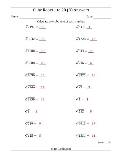 The Cube Roots 1 to 20 (D) Math Worksheet Page 2