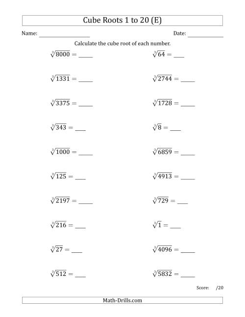 The Cube Roots 1 to 20 (E) Math Worksheet