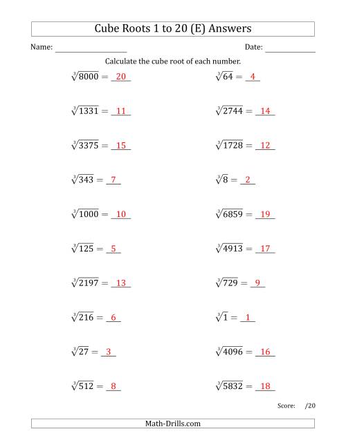 The Cube Roots 1 to 20 (E) Math Worksheet Page 2
