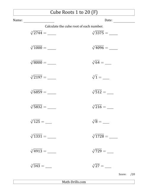 The Cube Roots 1 to 20 (F) Math Worksheet