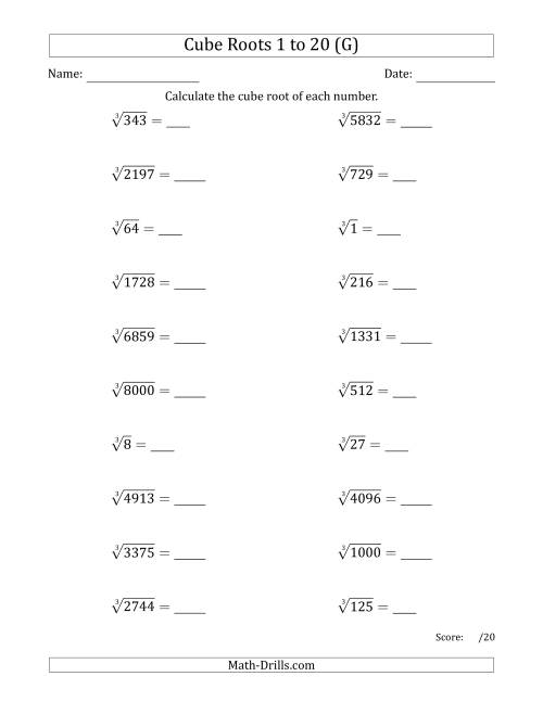 The Cube Roots 1 to 20 (G) Math Worksheet