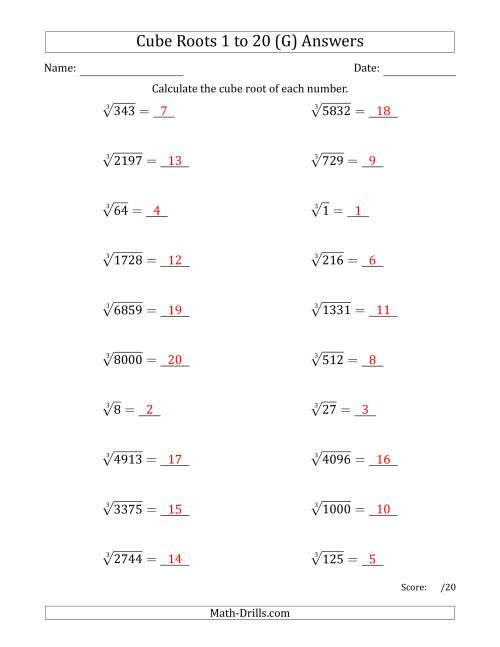 The Cube Roots 1 to 20 (G) Math Worksheet Page 2