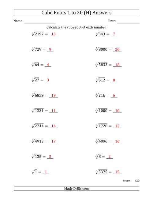 The Cube Roots 1 to 20 (H) Math Worksheet Page 2