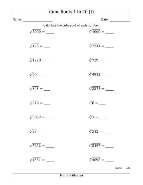 The Cube Roots 1 to 20 (I) Math Worksheet