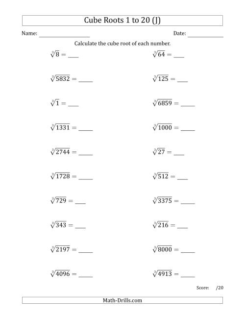 The Cube Roots 1 to 20 (J) Math Worksheet