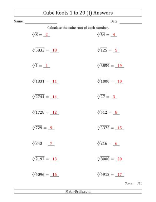 The Cube Roots 1 to 20 (J) Math Worksheet Page 2