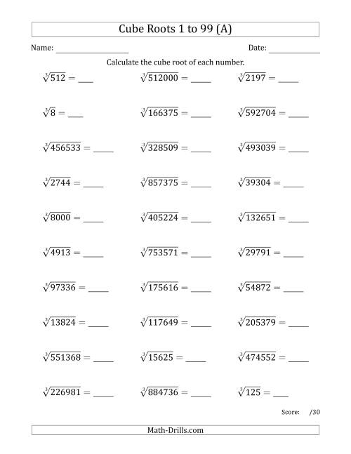 The Cube Roots 1 to 99 (A) Math Worksheet