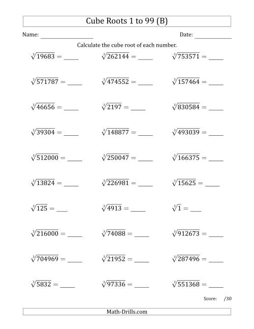The Cube Roots 1 to 99 (B) Math Worksheet