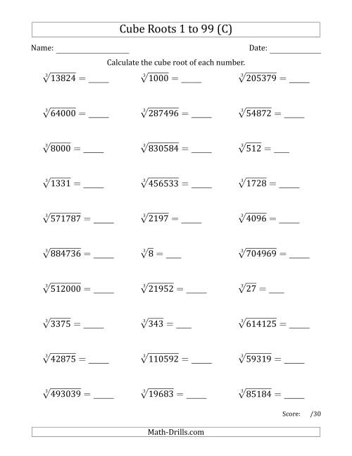 The Cube Roots 1 to 99 (C) Math Worksheet