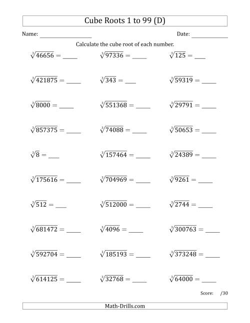 The Cube Roots 1 to 99 (D) Math Worksheet
