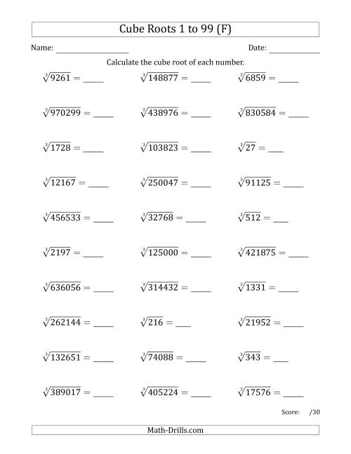 The Cube Roots 1 to 99 (F) Math Worksheet