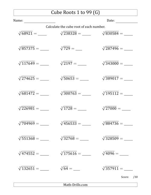 The Cube Roots 1 to 99 (G) Math Worksheet