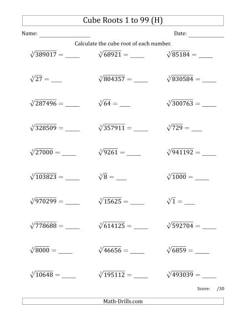 The Cube Roots 1 to 99 (H) Math Worksheet