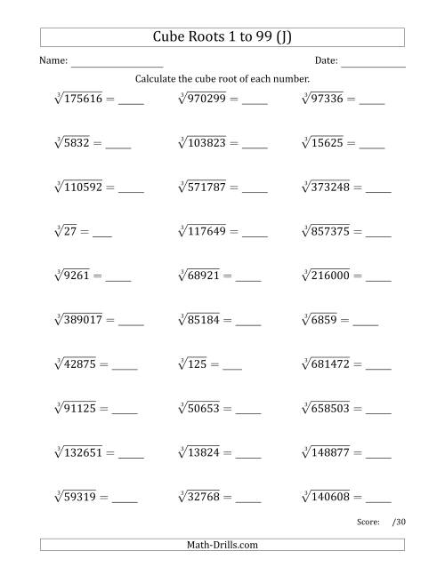 The Cube Roots 1 to 99 (J) Math Worksheet