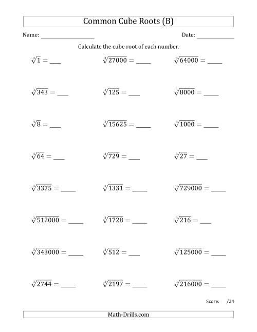 The Common Cube Roots (B) Math Worksheet
