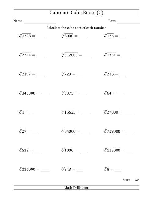 The Common Cube Roots (C) Math Worksheet