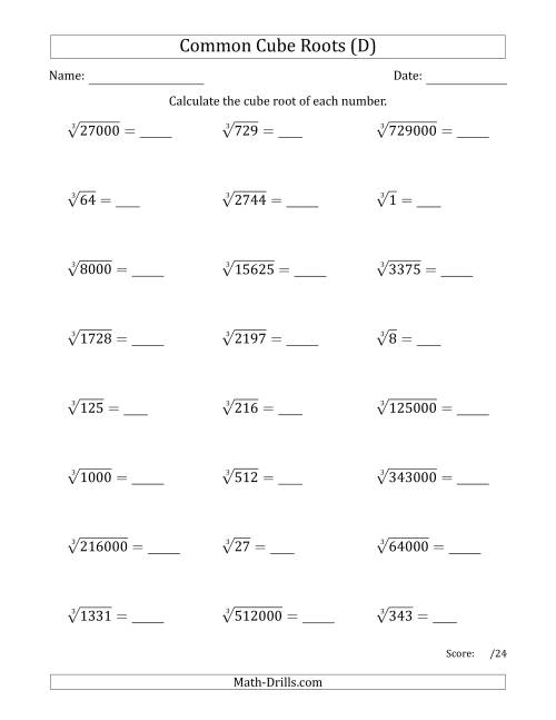 The Common Cube Roots (D) Math Worksheet