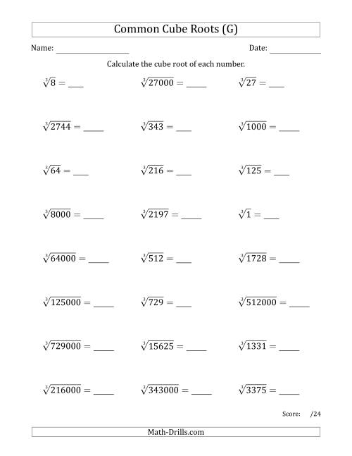 The Common Cube Roots (G) Math Worksheet