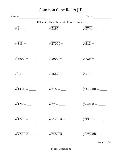 The Common Cube Roots (H) Math Worksheet