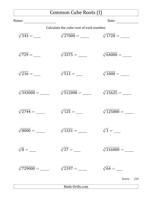 The Common Cube Roots (I) Math Worksheet