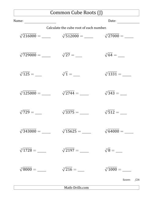 The Common Cube Roots (J) Math Worksheet
