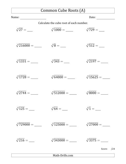 The Common Cube Roots (All) Math Worksheet