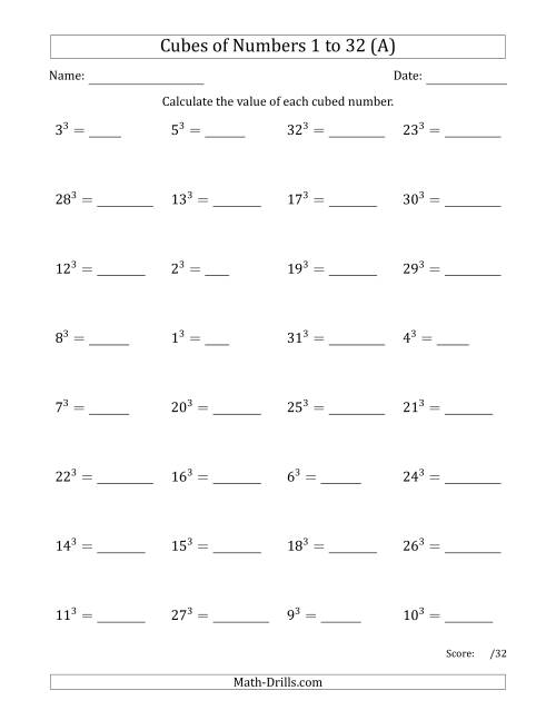 The Cubes of Numbers from 1 to 32 (A) Math Worksheet