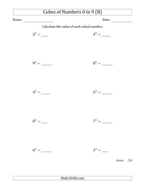 The Cubes of Numbers from 0 to 9 (B) Math Worksheet