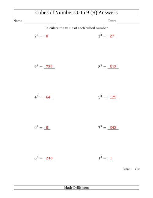 The Cubes of Numbers from 0 to 9 (B) Math Worksheet Page 2