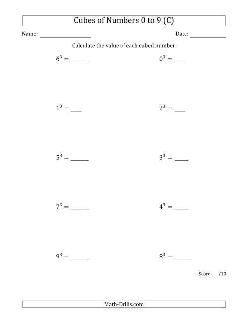 The Cubes of Numbers from 0 to 9 (C) Math Worksheet