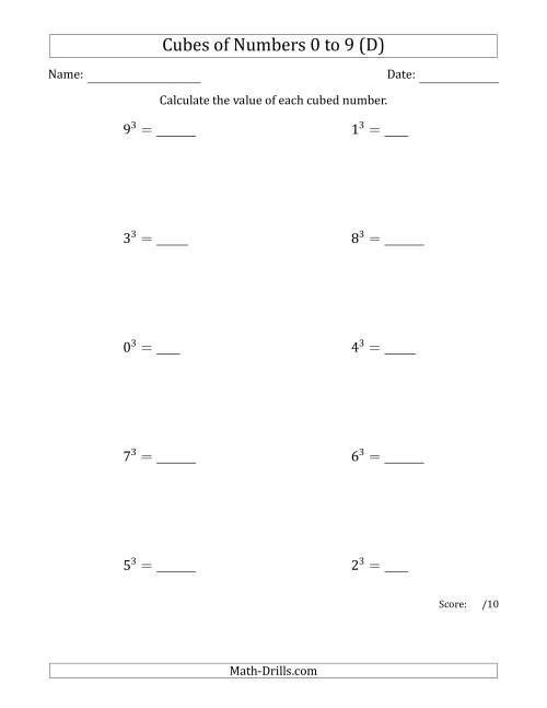 The Cubes of Numbers from 0 to 9 (D) Math Worksheet