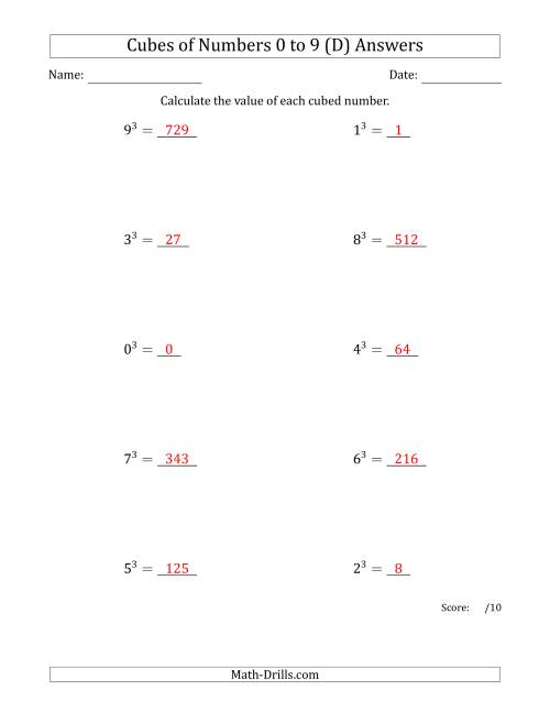 The Cubes of Numbers from 0 to 9 (D) Math Worksheet Page 2