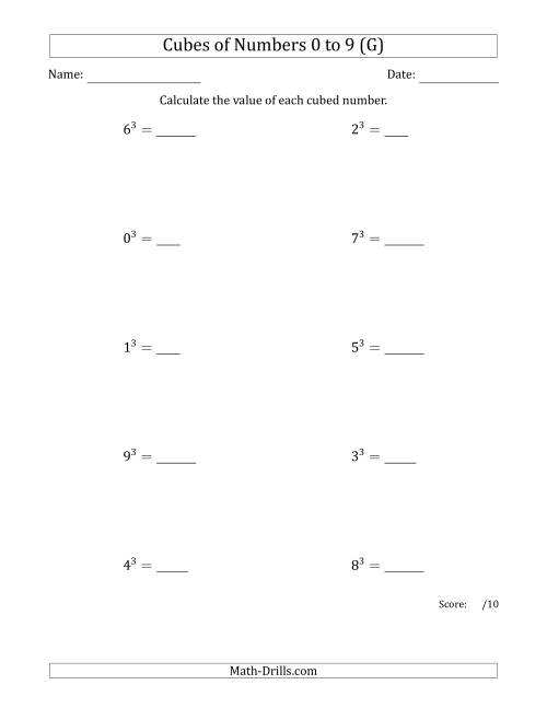 The Cubes of Numbers from 0 to 9 (G) Math Worksheet