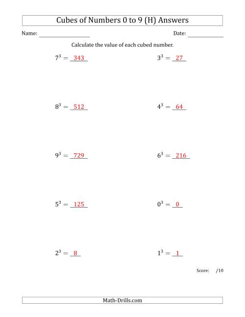 The Cubes of Numbers from 0 to 9 (H) Math Worksheet Page 2