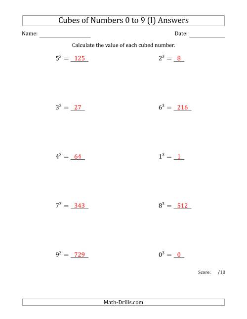 The Cubes of Numbers from 0 to 9 (I) Math Worksheet Page 2