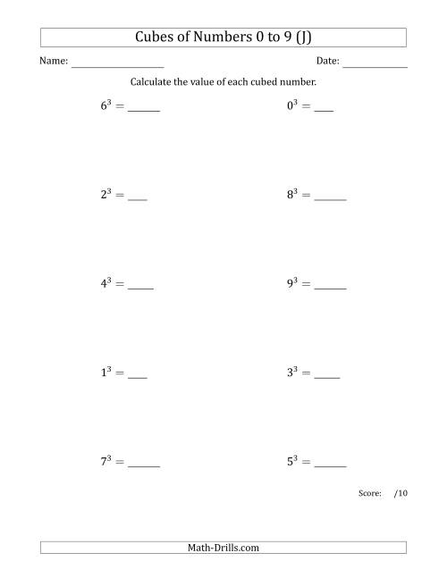 The Cubes of Numbers from 0 to 9 (J) Math Worksheet