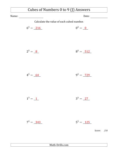 The Cubes of Numbers from 0 to 9 (J) Math Worksheet Page 2