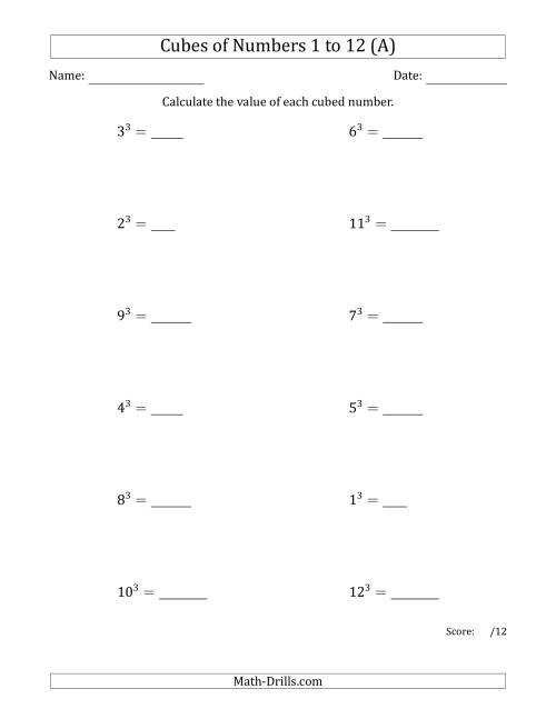The Cubes of Numbers from 1 to 12 (A) Math Worksheet