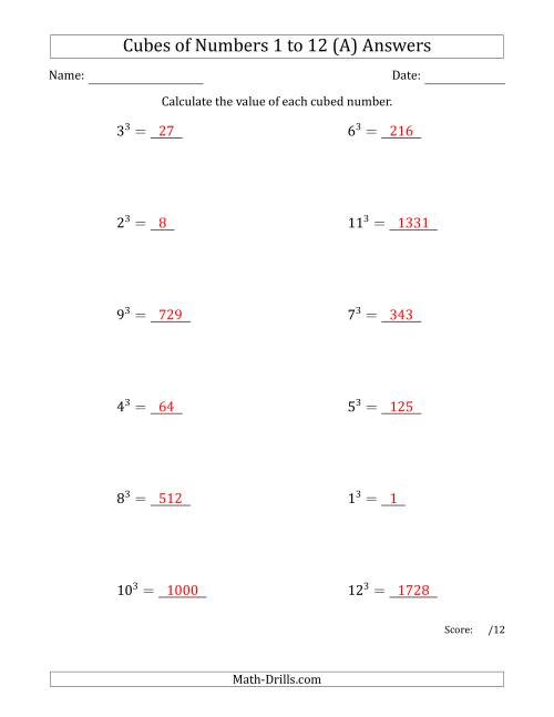 The Cubes of Numbers from 1 to 12 (A) Math Worksheet Page 2