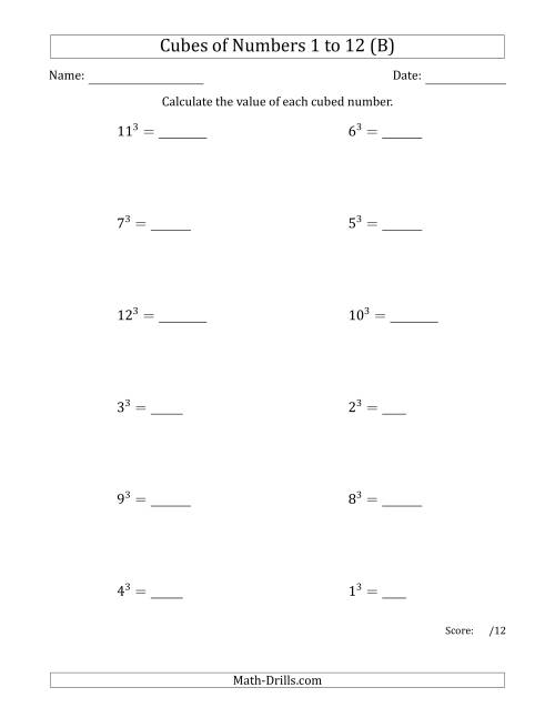 The Cubes of Numbers from 1 to 12 (B) Math Worksheet