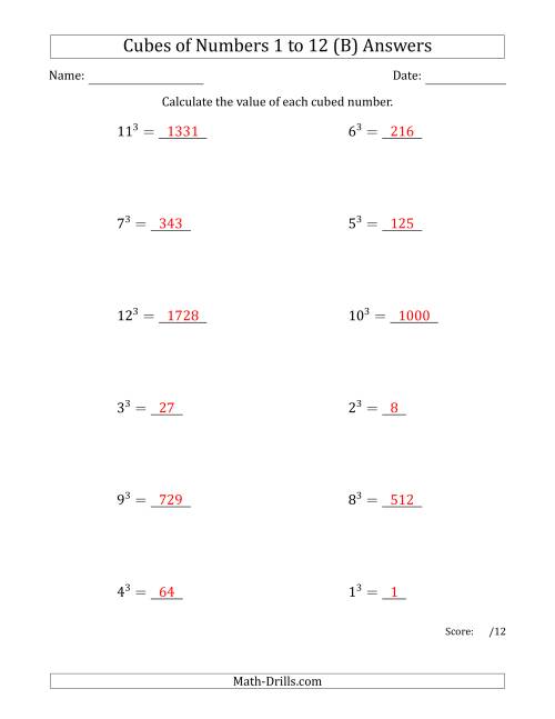 The Cubes of Numbers from 1 to 12 (B) Math Worksheet Page 2